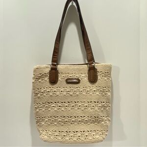 Jaclyn Smith Ivory Cream Beige Crochet Tote Bag Faux Brown Leather Straps Summer